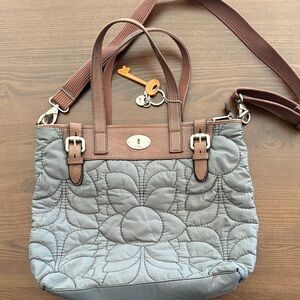Fossil Quilted Gray Tote with Brown Leather/Canvas Trim